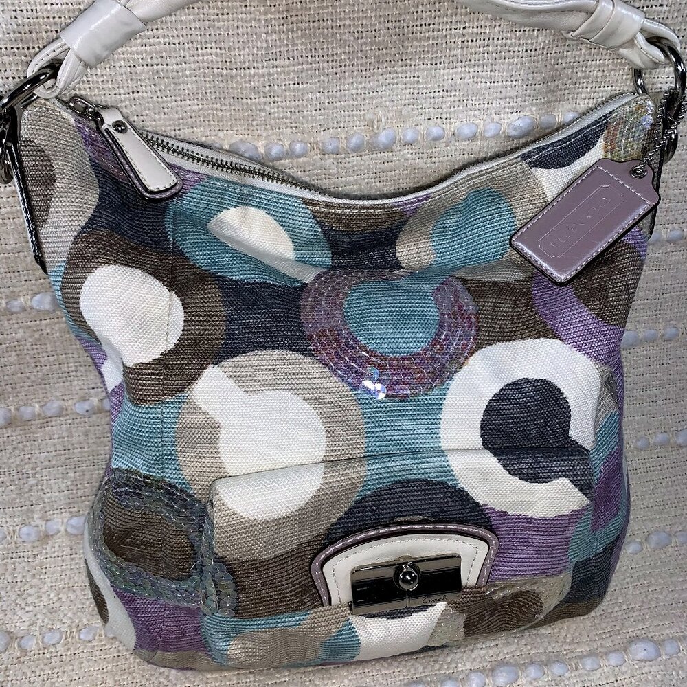 Coach Kristin Graphic Op Art Sequin Hobo Shoulder Bag Purple Teal White #14860